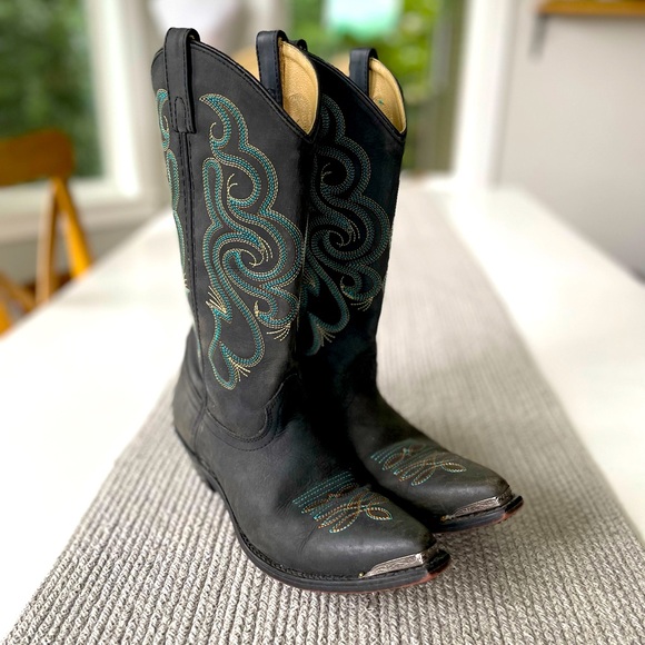 Vintage Smokey Mountain Teal Brown Embroidered Black Leather Cowboy Boots - Picture 10 of 15